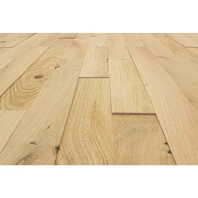 Wodewa Holzriemchen 1000 Eiche rustikal - 1.000 x 100 mm, Stärke: 3 mm - 6 mm, Selbsklebend, Strukturiert unbehandelt - Nahaufnahme von hellen Eichenparkettdielen, die die natürliche Maserung und die warmen Farbtöne des Holzes zeigen.