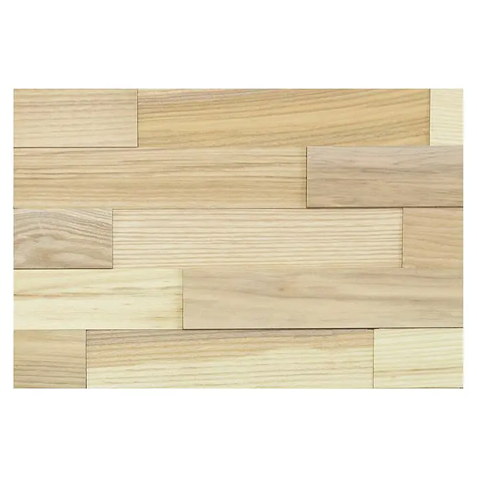 Wodewa Holzriemchen 400 Esche Living - 400 x 80 mm, Stärke: 2 mm - 6 mm, 32 Stk., 1 m² - Helle Holzpaneele in verschiedenen Größen und Anordnungen, die eine natürliche und moderne Wandverkleidung bilden.