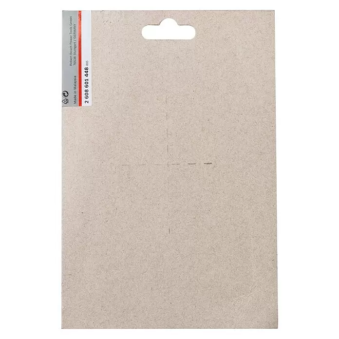Bosch Schwingplatte - 150 x 110 mm, Geeignet für: Schwingschleifer - Rückseite einer hellbraunen recycelten Kartonverpackung mit Aufhängelasche und Produktinformationen.