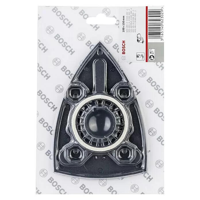 Bosch Schwingplatte - 150 x 110 mm, Geeignet für: Schwingschleifer - Schwarze dreieckige Kunststoff-Schleifplatte mit zentraler Klettverschluss-Oberfläche für Schleifblätter.