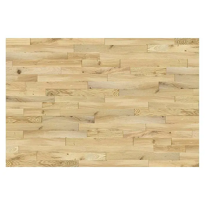 Wodewa Holzriemchen 1000 Eiche rustikal - 1.000 x 100 mm, Stärke: 3 mm - 6 mm, Selbsklebend, Strukturiert unbehandelt - Helles Parkettmuster: Eine Nahaufnahme von verlegten, hellen Holzböden, die ein modernes und einladendes Ambiente vermitteln.