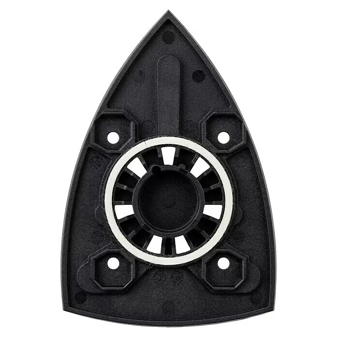 Bosch Schwingplatte - 150 x 110 mm, Geeignet für: Schwingschleifer - Schwarze dreieckige Schleifplatte aus Kunststoff für Deltaschleifer mit weißem Klettverschlussring und Absauglöchern.