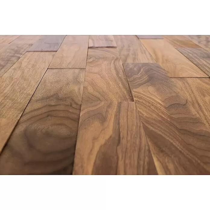 Wodewa Holzriemchen 400 Nussbaum - 400 x 80 mm, Stärke: 2 mm - 6 mm, 32 Stk., 1 m², Verklebung, UV-geölt - Detailaufnahme