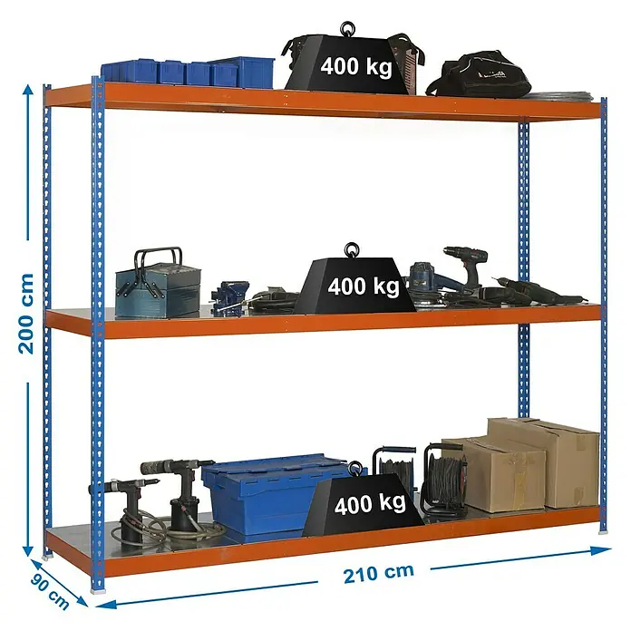 Simonrack Simonforte Schwerlastregal Simonforte Metall - H x B x T: 200 x 210 x 90 cm, Traglast pro Boden: 500 kg, Anzahl Böden: 3 Stk., Stecken, Blau/Orange/Silber - Regal mit drei Ebenen zur Lagerung von Werkzeugen und Geräten, gekennzeichnet mit Gewichtsangaben.