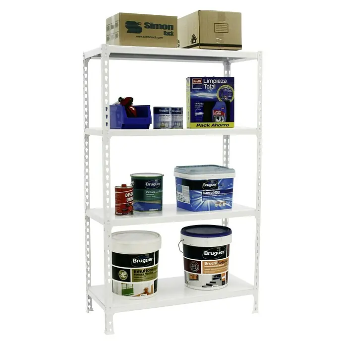 Simonrack Simonclick Metallregal Simonclick Mega Plus - H x B x T: 150 x 120 x 50 cm, Traglast pro Boden: 200 kg, Anzahl Böden: 4 Stk., Stecken, Weiß/Weiß - Ein weißes Regal mit verschiedenen Farbdosen und Kartons, darunter Produkte von Bruguer und Simon Rack.