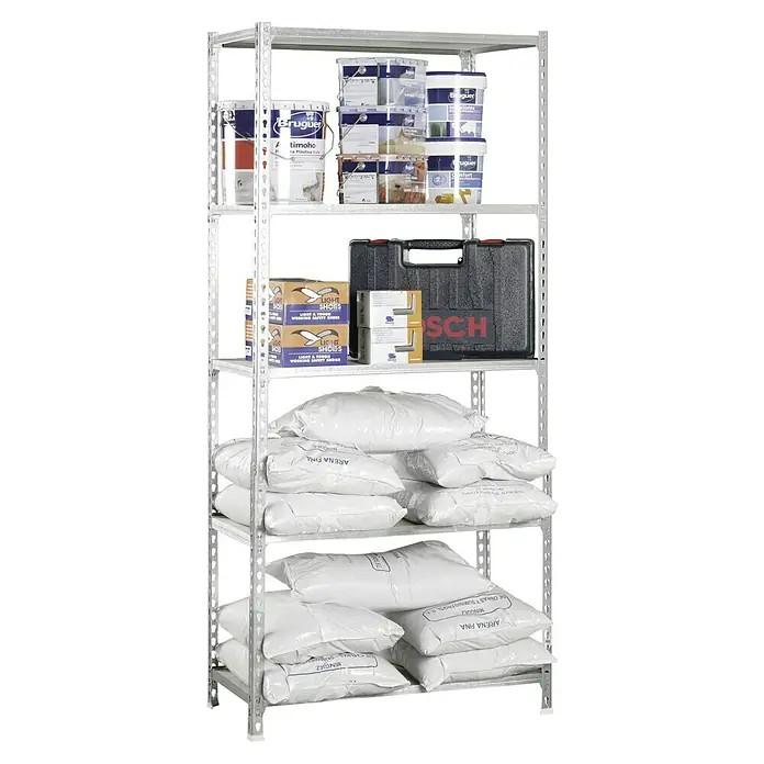 Simonrack Maderclick Metallregal Maderclick SuperPlus - H x B x T: 200 x 110 x 30 cm, Traglast pro Boden: 200 kg, Anzahl Böden: 5 Stk., Stecken, Silber - Ein silbernes Schwerlastregal mit mehreren Regalböden, die mit Farbeimern, Werkzeugkoffern und Sandsäcken gefüllt sind.