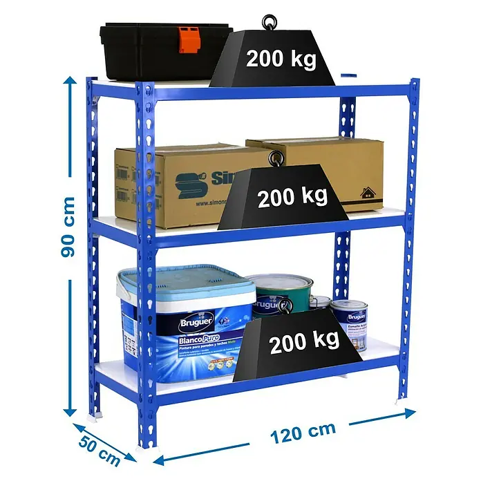 Simonrack Simonclick Metallregal Mega Plus - H x B x T: 90 x 120 x 50 cm, Traglast pro Boden: 200 kg, Anzahl Böden: 3 Stk., Stecken, Blau/Weiß - Produktansicht eines blauen Metallregals mit drei Ebenen, beladen mit Werkzeugkasten, Kartons und Farbdosen, versehen mit Gewichtsangaben.