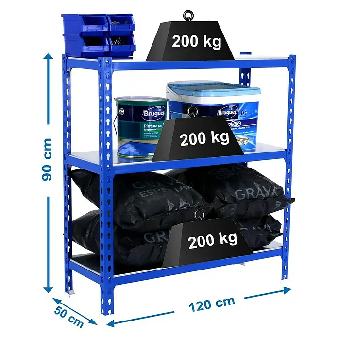 Simonrack Simonclick Metallregal Mega Plus - H x B x T: 90 x 120 x 50 cm, Traglast pro Boden: 200 kg, Anzahl Böden: 3 Stk., Stecken, Blau/Silber - Ein blaues Regal mit drei Ebenen, beladen mit Farbe, Säcken und Werkzeugkästen, die jeweils ein Gewicht von 200 kg tragen.