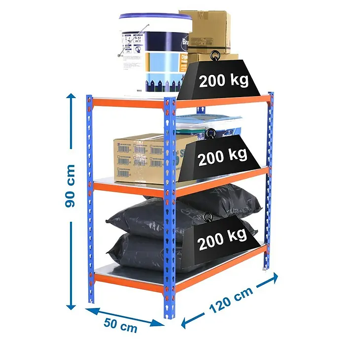Simonrack Simonclick Metallregal Mega Plus - H x B x T: 90 x 120 x 50 cm, Traglast pro Boden: 200 kg, Anzahl Böden: 3 Stk., Stecken, Blau/Orange/Silber - Ansicht eines blauen und orangefarbenen Regals mit drei Ebenen, beladen mit verschiedenen Gegenständen und mit Gewichten versehen.