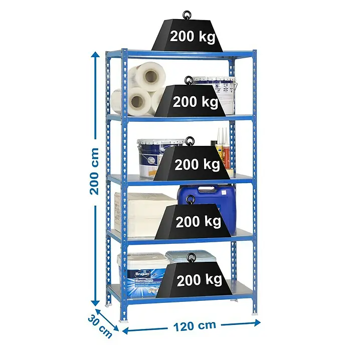Simonrack Simonclick Metallregal Mega Plus - H x B x T: 200 x 120 x 30 cm, Traglast pro Boden: 200 kg, Anzahl Böden: 5 Stk., Stecken, Blau/Silber - Ein blaues Regal ist mit Farbe, Folie und Gewichten beladen, wobei die Maße und das Gewicht jedes Regals angegeben sind.