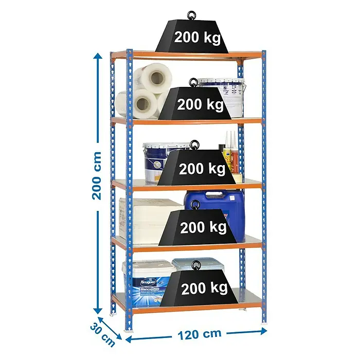 Simonrack Simonclick Metallregal Mega Plus - H x B x T: 200 x 120 x 30 cm, Traglast pro Boden: 200 kg, Anzahl Böden: 5 Stk., Stecken, Blau/Orange/Silber - Regal mit fünf Ebenen, vollgepackt mit verschiedenen Artikeln und beschwert mit schwarzen Gewichten, das die Stabilität und Tragfähigkeit demonstriert.