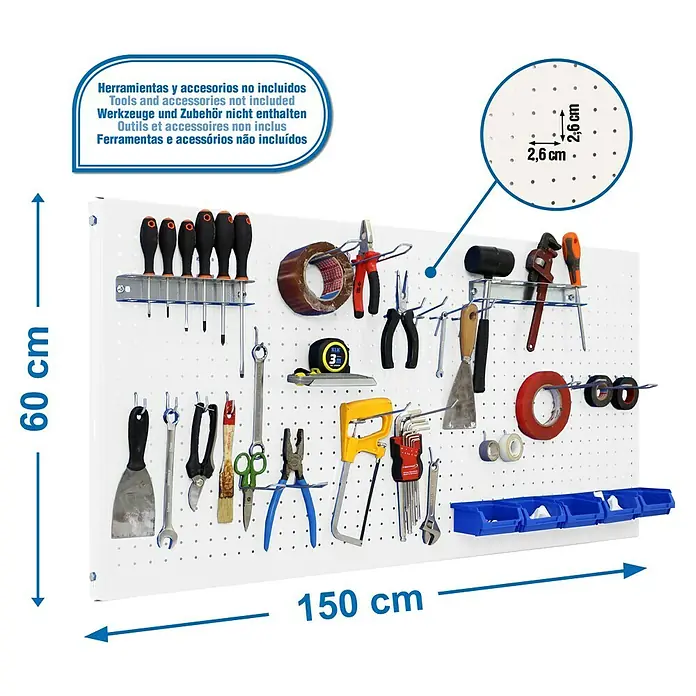 Simonrack Panelclick Panel perforado con 22 ganchos y 8 accesorios - L x An: 150 x 60 cm, Blanco - Pared para herramientas de almacenamiento con dimensiones y espaciado de agujeros para una organización clara y fácil acceso.