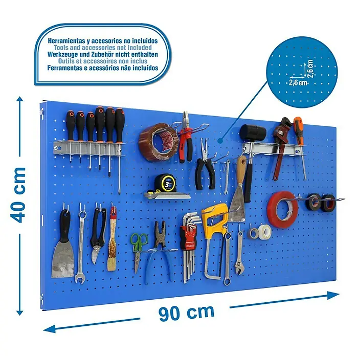 Simonrack Panelclick Panel perforado con 22 ganchos - L x An: 90 x 40 cm, Azul - Panel de herramientas azul con herramientas para guardar herramientas y accesorios, dimensiones 40 cm x 90 cm.