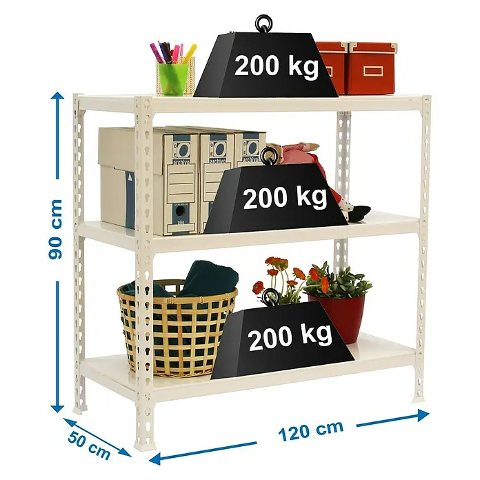 Simonrack Simonclick Metallregal Mega Plus - H x B x T: 90 x 120 x 50 cm, Traglast pro Boden: 200 kg, Anzahl Böden: 3 Stk., Stecken, Weiß/Weiß - Regal mit drei Ebenen, belastbar mit jeweils 200 kg, mit Gegenständen wie Ordnern, Pflanzen und Stiften.