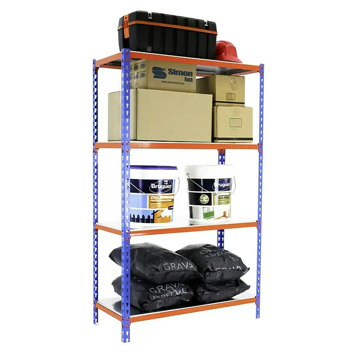 Simonrack Simonclick Metallregal Mega Plus - H x B x T: 150 x 120 x 40 cm, Traglast pro Boden: 200 kg, Anzahl Böden: 4 Stk., Stecken, Blau/Orange/Silber - Regal mit Werkzeugkasten, Kartons, Farbeimern und Sandsäcken. Praktische Aufbewahrungslösung für Garage oder Keller mit verschiedenen Artikeln.