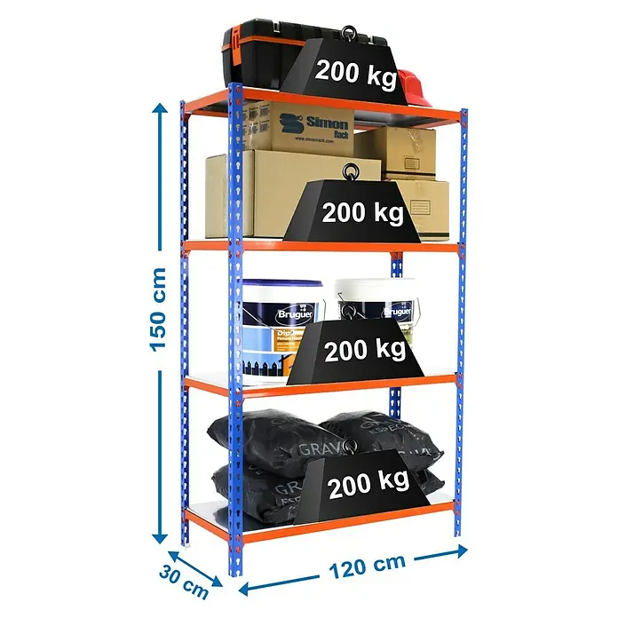 Simonrack Simonclick Metallregal Mega Plus - H x B x T: 150 x 120 x 30 cm, Traglast pro Boden: 200 kg, Anzahl Böden: 4 Stk., Stecken, Blau/Orange/Silber - Regal mit vier Ebenen, beladen mit Werkzeugkasten, Kartons, Farbeimern und Säcken. Das Regal ist mit einer Traglast von 200 kg pro Ebene gekennzeichnet.