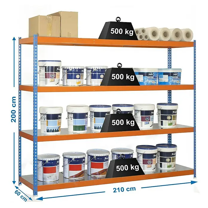 Simonrack Simonforte Schwerlastregal Simonforte Metall - H x B x T: 200 x 210 x 60 cm, Traglast pro Boden: 500 kg, Anzahl Böden: 4 Stk., Stecken, Blau/Orange/Silber - Ansicht eines Regals mit Farbbehältern und Kisten, gekennzeichnet mit Gewichtsangaben und Abmessungen.
