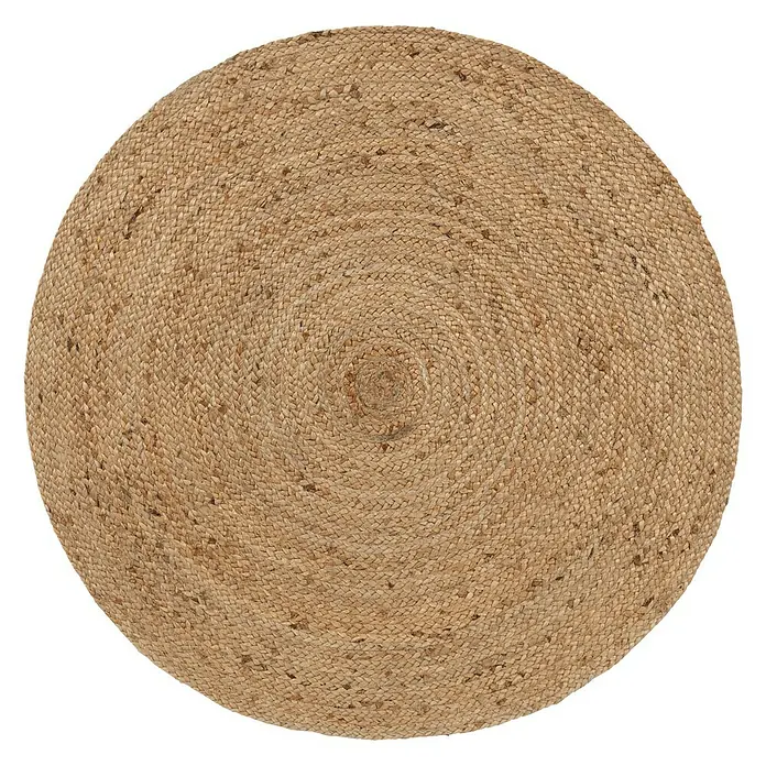 Alfombra textil plana Nazar - Beige, 150 cm - Una alfombra redonda de yute con un patrón en espiral en el centro. La alfombra tiene un color beige natural y una textura rugosa.
