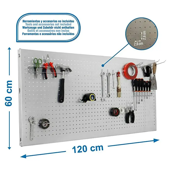Simonrack Panelclick Panel perforado con 14 ganchos - L x An: 120 x 60 cm, Galvanizado - Panel de herramientas con herramientas y accesorios, dimensiones 120 cm x 60 cm. Los agujeros tienen un espaciamiento de 2,6 cm.