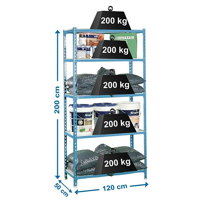 Simonrack Simonclick Metallregal Mega Plus - H x B x T: 200 x 120 x 50 cm, Traglast pro Boden: 200 kg, Anzahl Böden: 5 Stk., Stecken, Blau/Weiß - Ein blaues Metallregal mit fünf Ebenen, beladen mit Farbeimern, Säcken und einer grünen Kiste, wobei jede Ebene mit 200 kg beschwert ist.