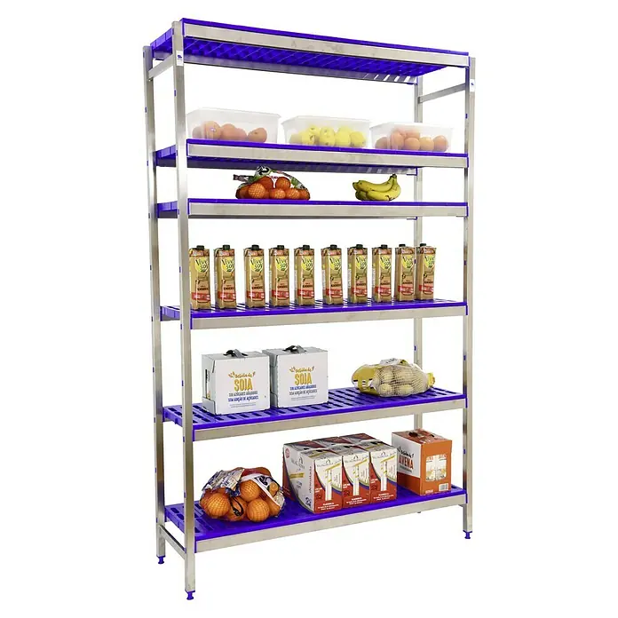 Simonrack Simoninox Metallregal Grundelement - H x B x T: 160 x 166 x 40 cm, Traglast pro Boden: 180 kg, Anzahl Böden: 6 Stk., Stecken, Material Boden: Kunststoff - Ein Verkaufsregal mit verschiedenen Lebensmitteln, darunter Obst, Säfte und Sojaprodukte.