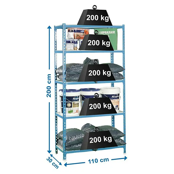 Simonrack Simonclick Metallregal Simonclick Super Plus - H x B x T: 200 x 110 x 30 cm, Traglast pro Boden: 200 kg, Anzahl Böden: 5 Stk., Stecken, Blau/Weiß - Ansicht eines blauen Lagerregals mit fünf Ebenen, belastet mit verschiedenen Gewichten und Produkten, mit Größenangaben.