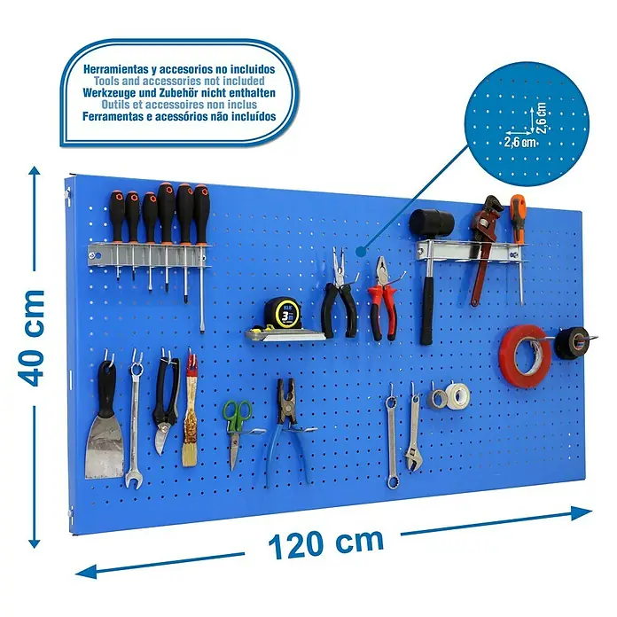 Simonrack Panelclick Panel perforado con 14 ganchos - L x An: 120 x 40 cm, Azul - Panel de herramientas con diversas herramientas y accesorios. El panel es azul y mide 40 cm x 120 cm.