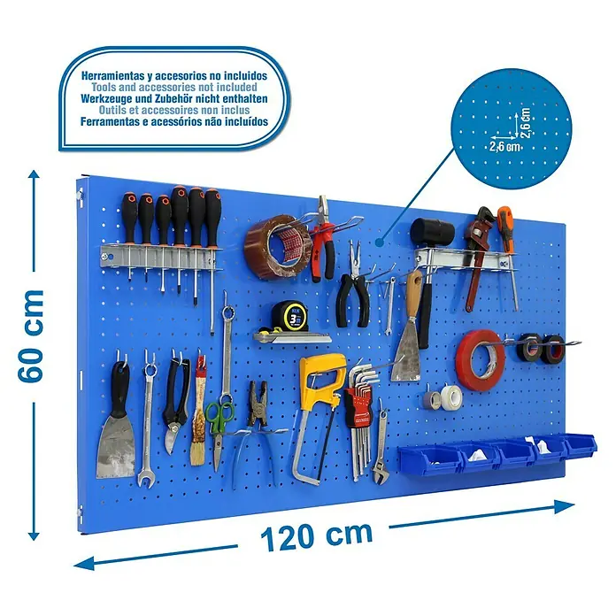 Simonrack Panelclick Panel perforado con 22 ganchos y 8 accesorios - L x An: 120 x 60 cm, Azul - Panel de herramientas azul con varias herramientas sujetas a ganchos y soportes. La pared mide 60 cm de alto y 120 cm de ancho.