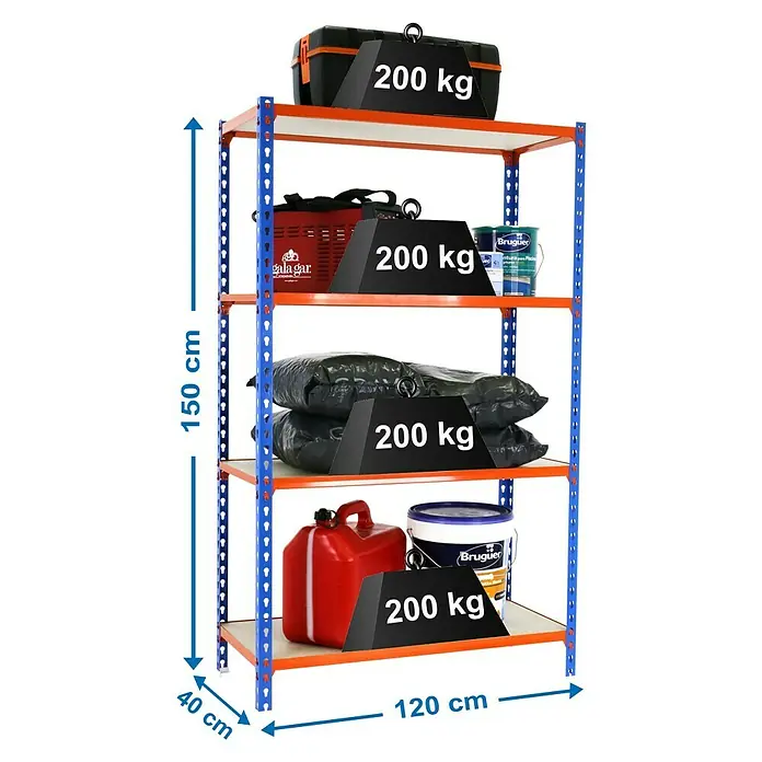Simonrack Maderclick Metallregal Maderclick MegaPlus - H x B x T: 150 x 120 x 40 cm, Traglast pro Boden: 200 kg, Anzahl Böden: 4 Stk., Stecken, Blau/Orange - Ein blaues und oranges Lagerregal mit vier Ablagen, beladen mit Werkzeugkisten, Säcken und Farbeimern, wobei das Gewicht auf 200 kg pro Ablage geschätzt wird.