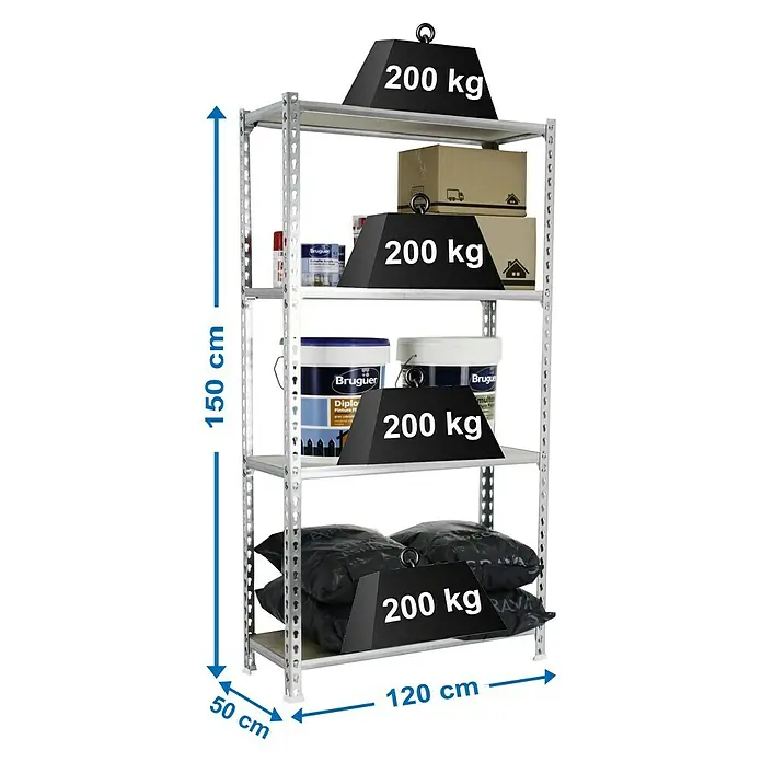 Simonrack Maderclick Metallregal Maderclick MegaPlus - H x B x T: 150 x 120 x 50 cm, Traglast pro Boden: 200 kg, Anzahl Böden: 4 Stk., Stecken, Silber - Abbildung eines Schwerlastregals mit vier Ebenen, belastet mit je 200 kg. Die Regaltiefe beträgt 50 cm, die Höhe 150 cm und die Breite 120 cm.