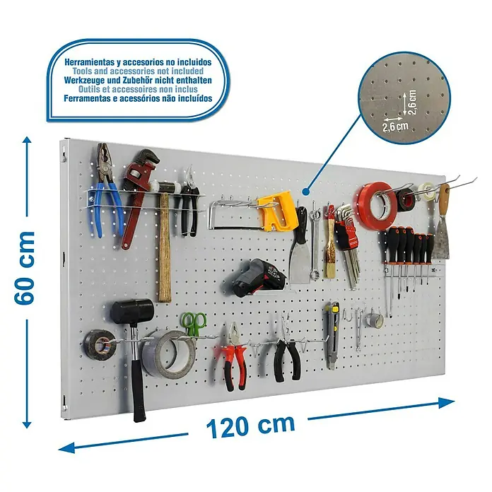 Simonrack Panelclick Panel perforado con 22 ganchos y 3 accesorios - L x An: 120 x 60 cm, Galvanizado - Pared de herramientas con varias herramientas como alicates, llaves inglesas, martillo, sierra y destornilladores. La pared mide 120 cm de ancho y 60 cm de alto.