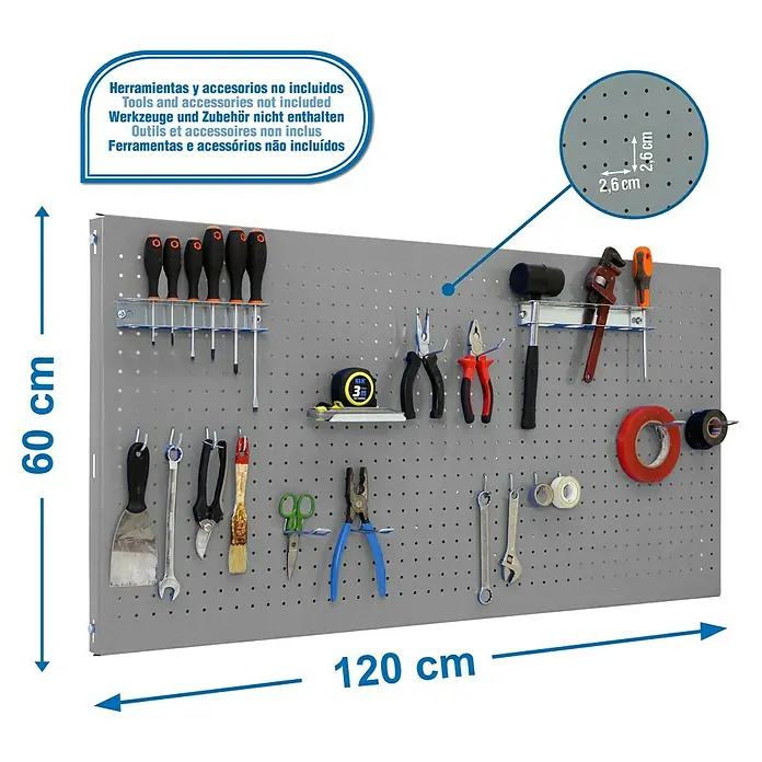 Simonrack Panelclick Panel perforado con 14 ganchos - L x An: 120 x 60 cm, Gris - Panel perforado con diversas herramientas, dimensiones 60 x 120 cm. Distancia entre agujeros: 2,6 cm. Herramientas y accesorios no incluidos.