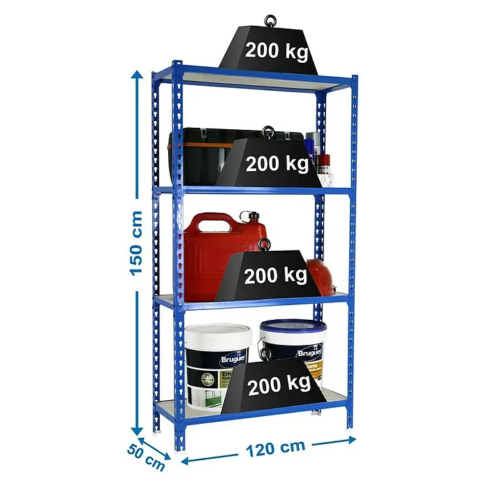 Simonrack Maderclick Metallregal Maderclick MegaPlus - H x B x T: 150 x 120 x 50 cm, Traglast pro Boden: 200 kg, Anzahl Böden: 4 Stk., Stecken, Blau - Regal mit vier Ebenen, auf denen verschiedene Gegenstände und Gewichte von 200 kg platziert sind, wodurch die Belastbarkeit hervorgehoben wird.