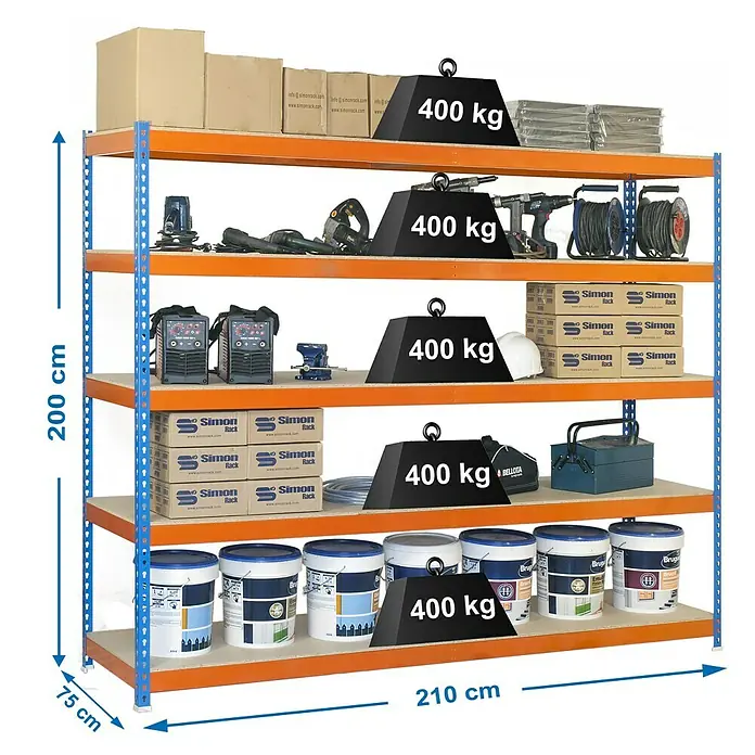 Simonrack Simonforte Schwerlastregal Simonforte Chipboard - H x B x T: 200 x 210 x 75 cm, Traglast pro Boden: 500 kg, Anzahl Böden: 5 Stk., Stecken, Blau/Orange - Ein stabiles Schwerlastregal mit fünf Ebenen, ideal für Lager und Werkstatt, mit einer Traglast von 400 kg pro Ebene.