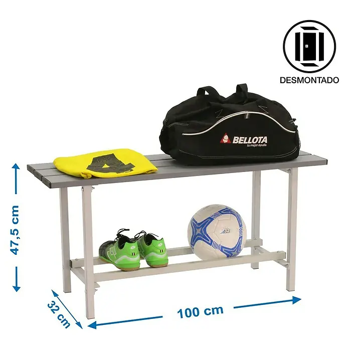 Simonrack Banco de vestuario Metal Desmontado - L x An x Al: 32 x 100 x 47,5 cm, Gris - Banco zapatero gris BELLOTA con dos estantes, perfecto para guardar material deportivo, mide 100x32x47,5 cm, como se muestra.
