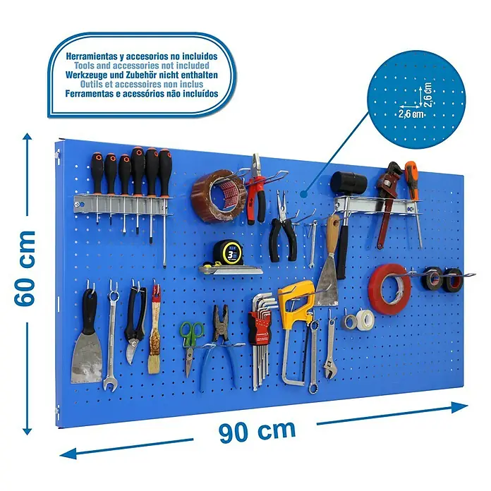 Simonrack Panelclick Panel perforado con 22 ganchos - L x An: 90 x 60 cm, Azul - Panel de herramientas azul con diversas herramientas y accesorios, dimensiones 60x90 cm. El espacio entre orificios es de 2,6 cm.