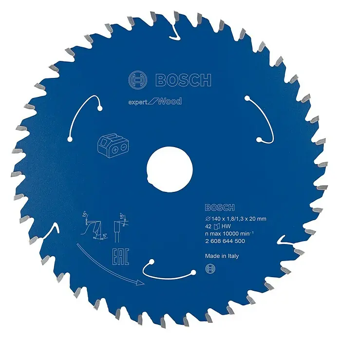 Bosch Kreissägeblatt Expert for Wood - 140 mm, Bohrung: 20 mm, Anzahl Zähne: 42 Stk. - Abbildung eines blauen Bosch Expert Wood Kreissägeblatts mit feinen Zähnen für präzise Holzschnitte.