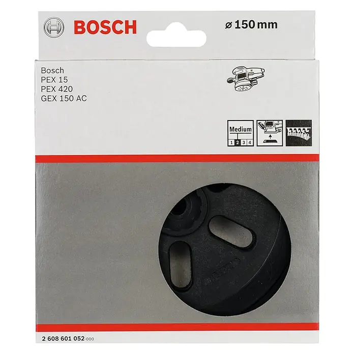 Bosch Schleifplatte - Durchmesser: 150 mm - Abbildung einer Bosch Schleifscheibe mit Ø 150 mm, passend für PEX 15, PEX 420 und GEX 150 AC Schleifmaschinen, ideal für mittelschwere Schleifarbeiten.