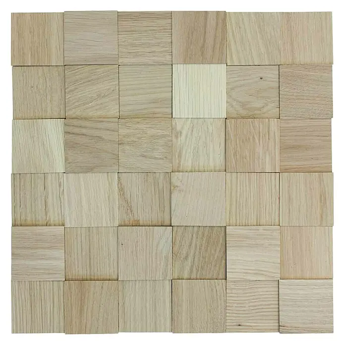 Wodewa Holzmosaik 50 Eiche - 300 x 300 mm, Stärke: 2 mm - 6 mm, 0,09 m², Unbehandelt - Nahaufnahme eines Holzfliesenmosaiks, das eine natürliche und warme Ästhetik für die Wandgestaltung bietet.