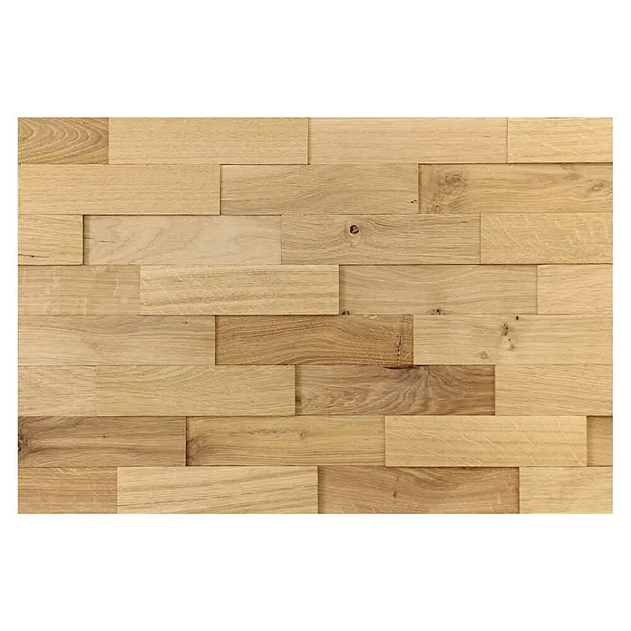 Wodewa Holzriemchen 200 Eiche rustikal - 100 Stk., L x B: 200 x 50 mm, 2 mm - 6 mm, Max. Anwendungsfläche: 1 m², Strukturiert unbehandelt - Nahaufnahme einer Wandverkleidung aus hellbraunem Holz mit horizontal ausgerichteten, rechteckigen Holzstücken.
