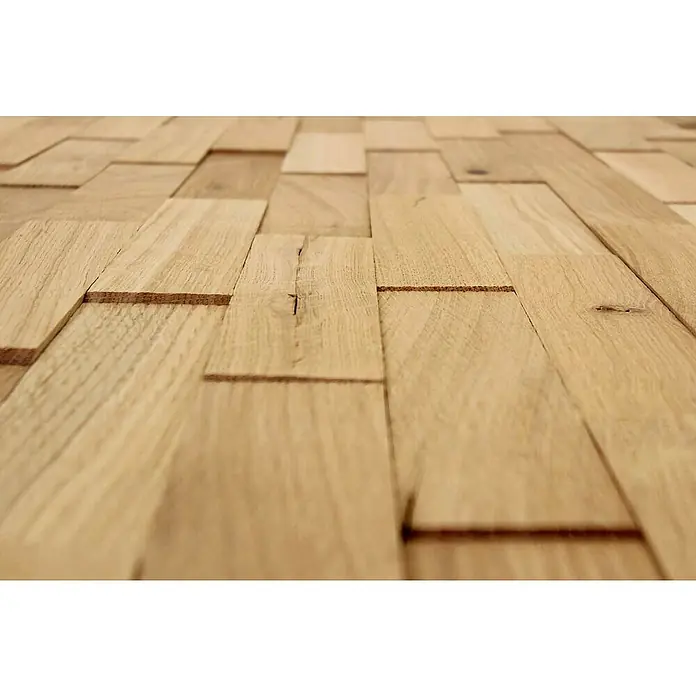 Wodewa Holzriemchen 200 Eiche rustikal - 100 Stk., L x B: 200 x 50 mm, 2 mm - 6 mm, Max. Anwendungsfläche: 1 m², Strukturiert unbehandelt - Nahaufnahme einer hölzernen Wandverkleidung, die ein einzigartiges, erhabenes Design mit natürlichen Holzmaserungen aufweist.