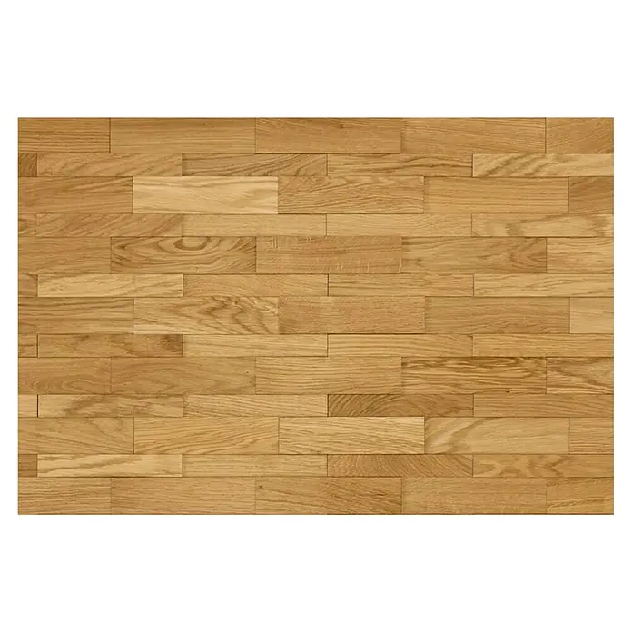 Wodewa Wandpaneel Design Eiche - Eiche, 700 x 160 x 2 mm, 0,09 m² - Helles Eichenparkett im Fischgrätmuster. Das geölte Holz zeigt eine warme, natürliche Maserung und verleiht dem Raum ein gemütliches Ambiente.