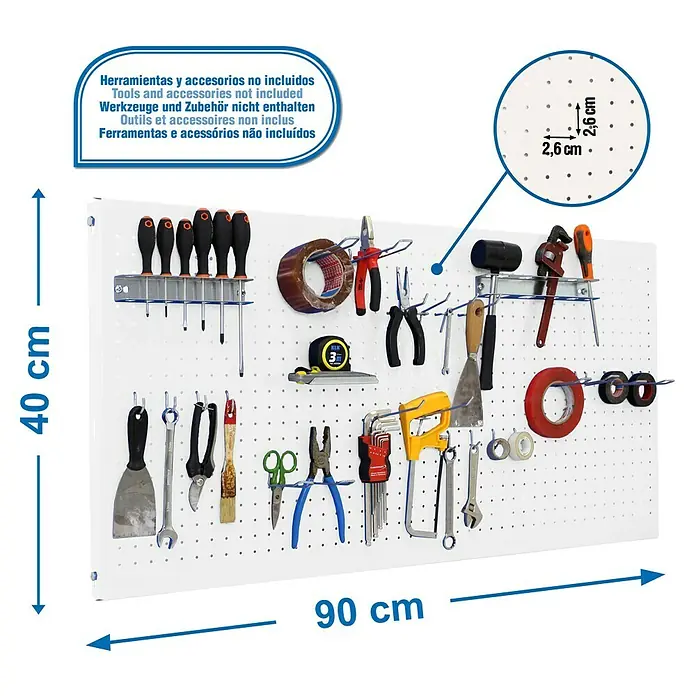 Simonrack Panelclick Panel perforado con 22 ganchos - L x An: 90 x 40 cm, Blanco - Panel perforado con dimensiones y detalles de agujeros. Herramientas y accesorios no incluidos, destacando la personalización.