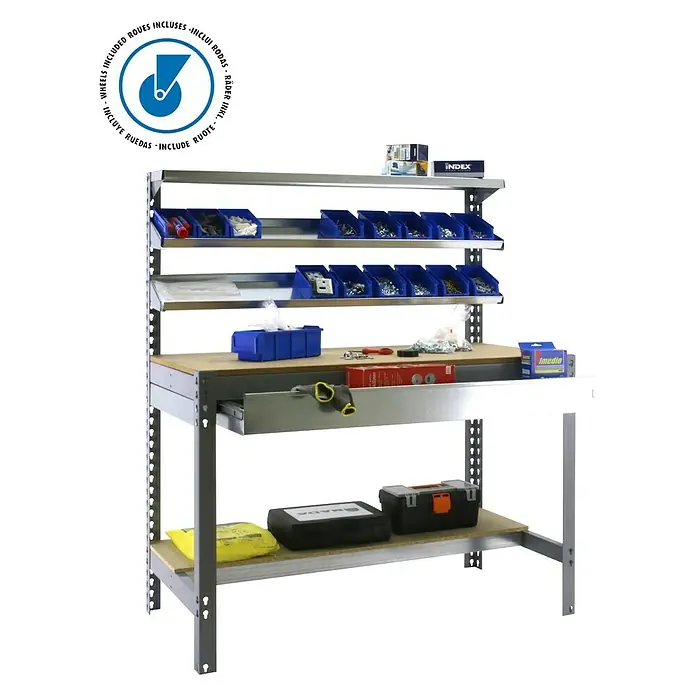 Simonrack Simonwork Banco de trabajo BT1 Box Mobile - L x An: 61 x 121 cm, Altura de trabajo: 152 cm, Carga soportada: 120 kg, Gris - Banco de trabajo con estantes y cajón, ideal para taller o garaje para guardar herramientas y materiales.