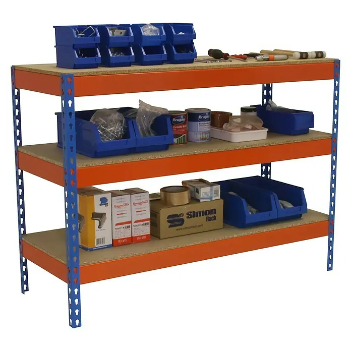 Simonrack Simonwork Werkbank Basic 3 - L x B: 90 x 210 cm, Arbeitshöhe: 90 cm, Belastbarkeit: 400 kg, Orange/Blau - Abbildung eines dreistöckigen Regals mit blauen Regalkästen und verschiedenen Werkstattartikeln, ideal für Werkstatt und Lager.