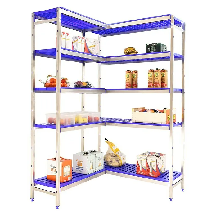 Simonrack Simoninox Abschlussregal - H x B x T: 200 x 166 x 40 cm, Traglast pro Boden: 180 kg, Anzahl Böden: 5 Stk., Stecken, Material Boden: Kunststoff - Aufnahme eines blauen Kunststoffregals mit Lebensmitteln, ideal für Lagerung und Organisation.