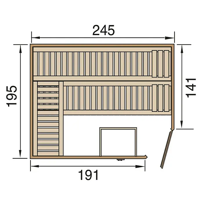 Weka Massivholzsauna Cubilis 3 GTF - Ohne Ofen, L x B x H: 195 x 245 x 205 cm - Grundriss einer Sauna mit Maßangaben für Breite (245), Höhe (195) und Tiefe (191). Ideal für die Planung Ihres Wellnessbereichs.