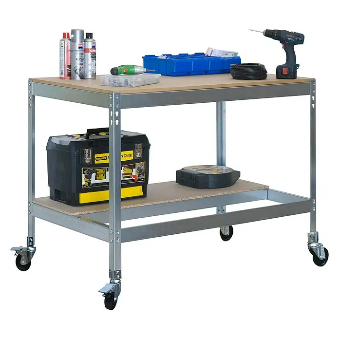 Simonrack Simonwork Werkbank MOBILE BT0 - L x B: 61 x 91 cm, Arbeitshöhe: 91,7 cm, Belastbarkeit: 120 kg, Silber - Werkbank mit Werkzeug und Zubehör. Ideal für Werkstätten und Heimwerker, bietet viel Stauraum und Mobilität durch die Rollen.
