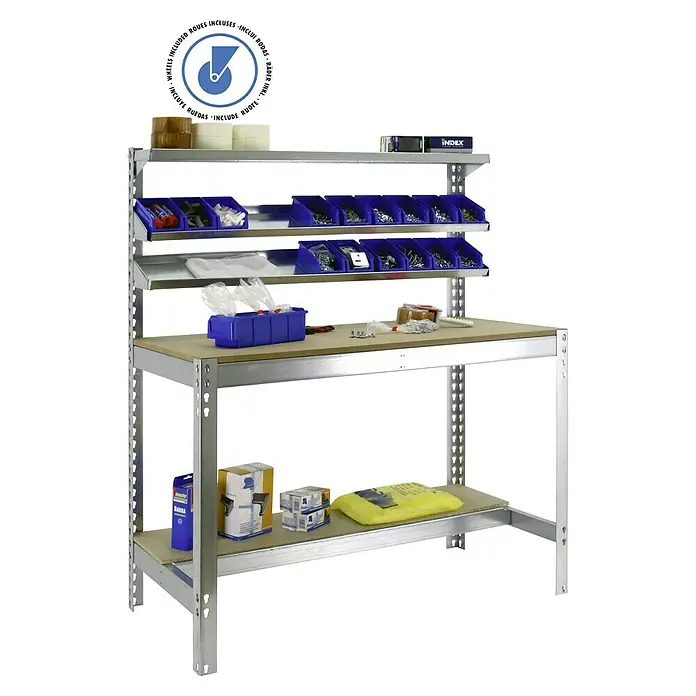Simonrack Simonwork Banco de trabajo BT1 Mobile - L x An: 61 x 91 cm, Altura de trabajo: 152 cm, Carga soportada: 120 kg, Galvanizado - Banco de trabajo con estantes y contenedores para organizar herramientas, ideal para talleres y salas de aficiones.
