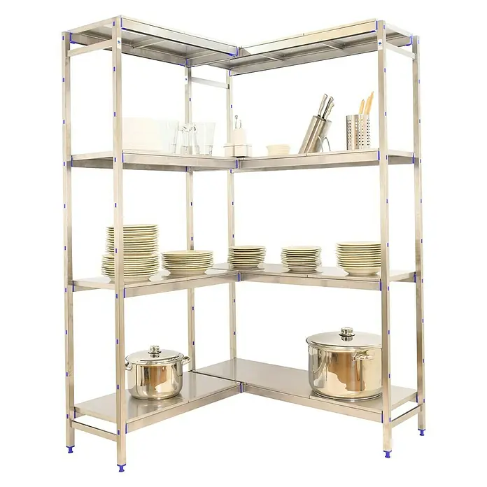 Simonrack Simoninox Abschlussregal - H x B x T: 160 x 126 x 50 cm, Traglast pro Boden: 200 kg, Anzahl Böden: 4 Stk., Stecken, Material Boden: Metall - Ein Eckregal aus Edelstahl, perfekt für die Aufbewahrung von Geschirr und Kochutensilien in der Küche. Praktisch und platzsparend!